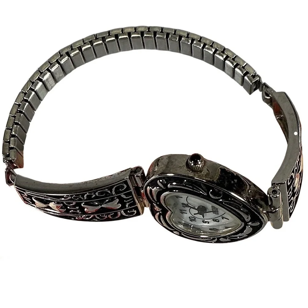 Heart‎ Watch Silver Tone Stretch Bracelet Vintage Style